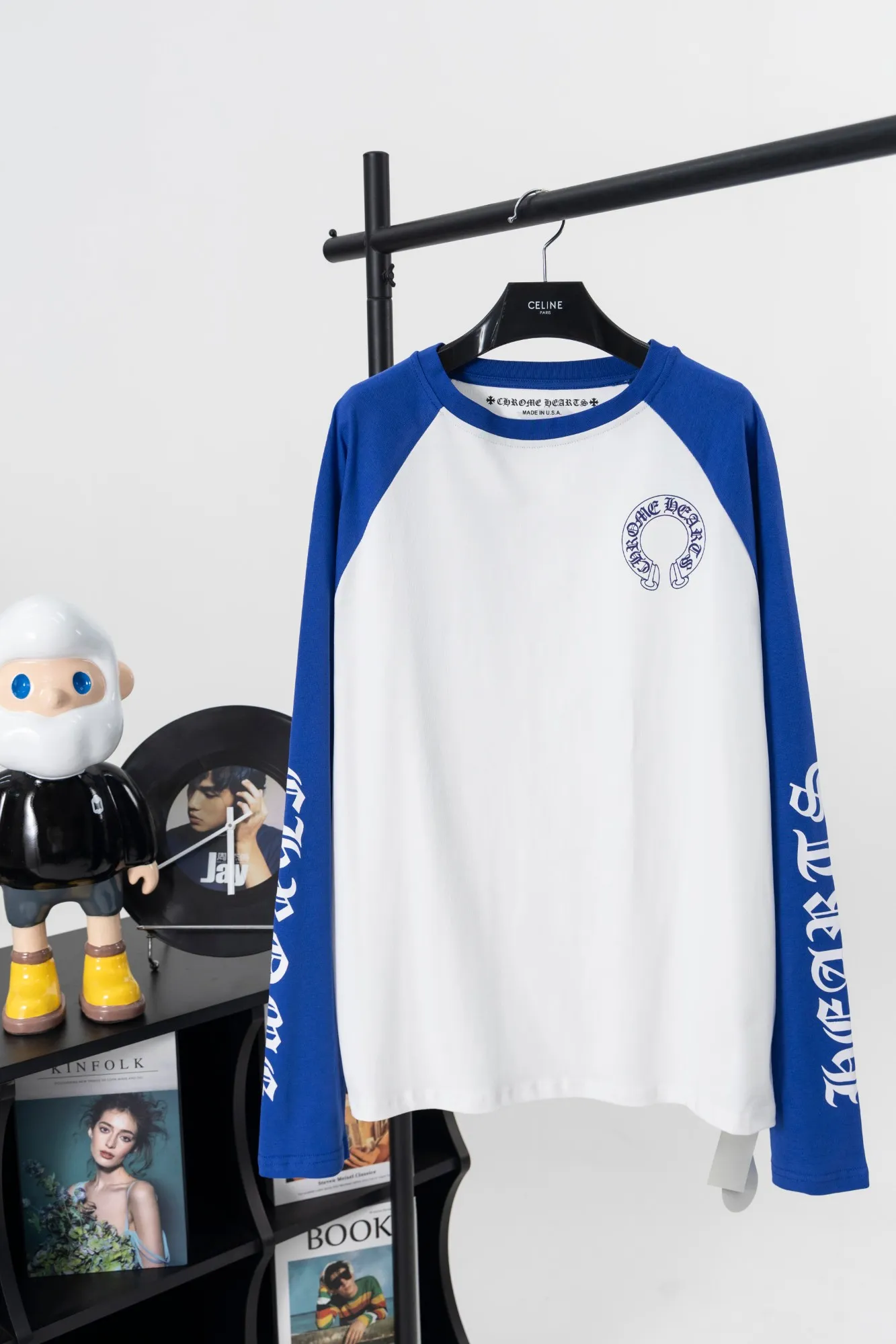 P150 Style #k01 Chrome Hearts/Chrome Heart 23ss Sanskrit horseshoe stitching printed popular long-sleeved T-shirt 260g 70 pure cotton double yarn, skin-friendly, comfortable, soft and breathable, matching thread, long-term washing without deformation Color: white black white blue -Size: S M L XL